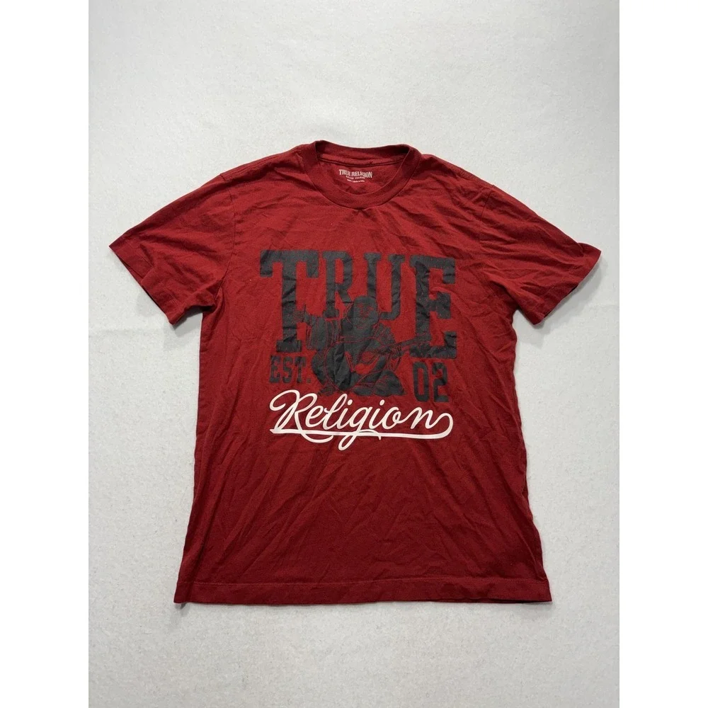 True Religion Shirt Mens Small Red Buddha Logo Graphic Tee Short Sleeve Cotton